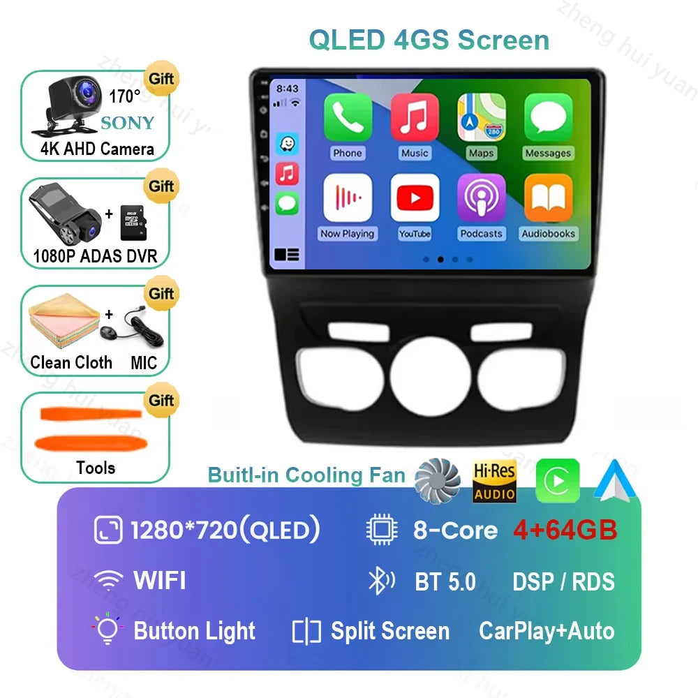 For Citroen C4 C4L DS4 2013 2014 2015 - 2017 Android 16 GPS WIFI 4G Carplay&Auto Car Radio Navigation QLED Multimedia Stereo Pla