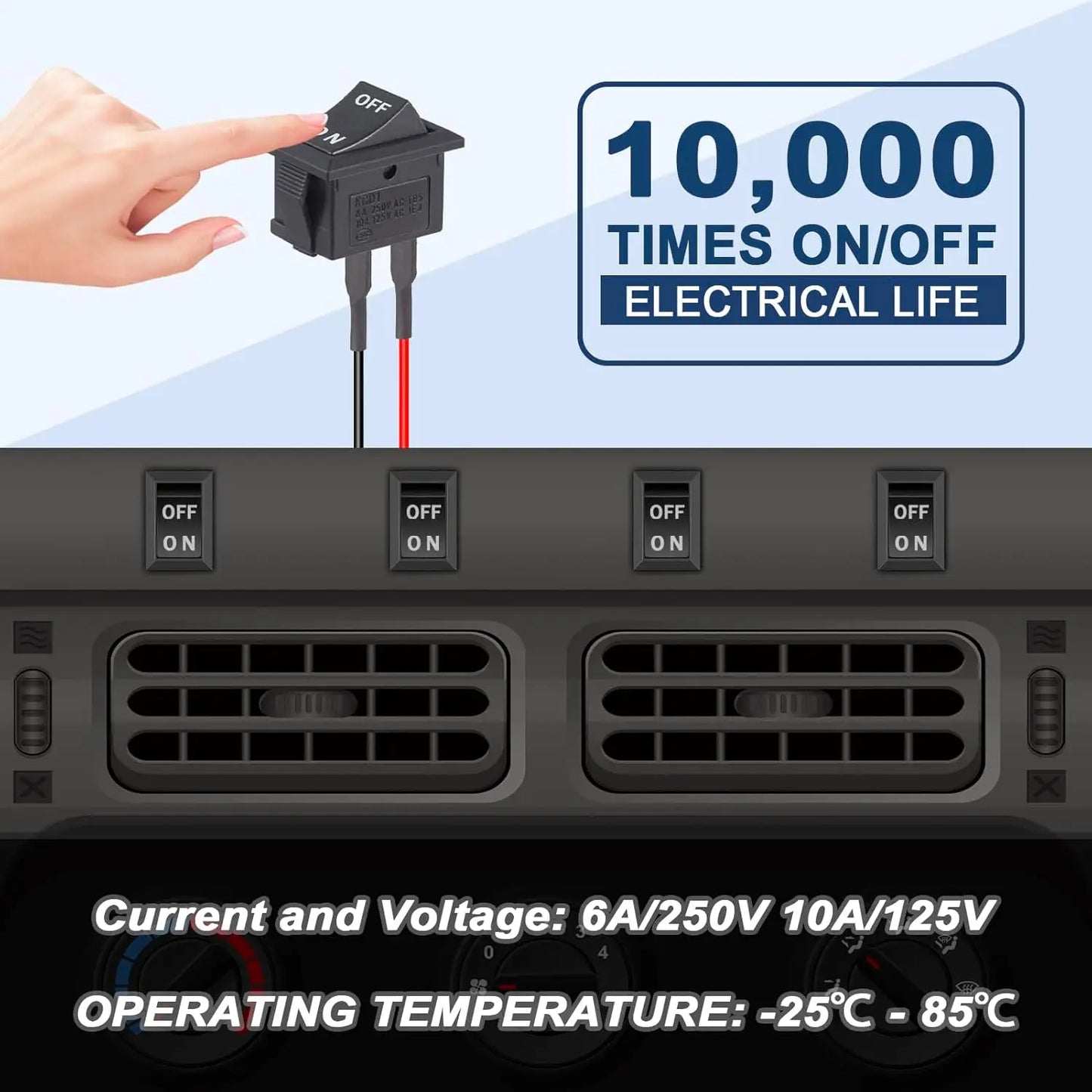 10pcs Rocker ON Off Switch 12V Toggle Switch KCD1 Mini Rocker Switches 2 Pin AC 6A 250V 10A 125V SPST 2 Position Black Square