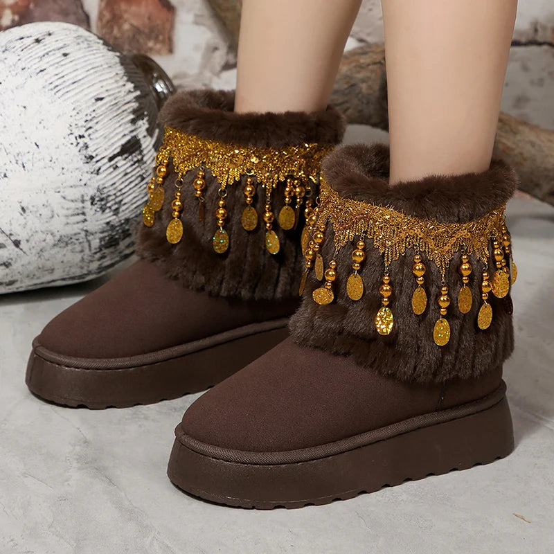 National Wind Sequins Fur Snow Boots Women Thick Sole Long Plush Winter Boots Woman Non Slip Cotton Padded Shoes Plus Size 43