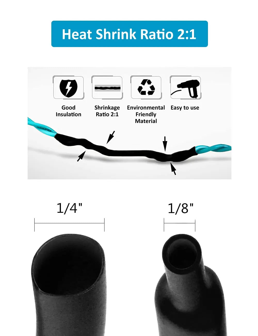650pcs Heat Shrink Tubing Black innhom Heat Shrink Tube Wire Shrink Wrap UL Approved Ratio 2:1 Electrical Cable Wire Kit