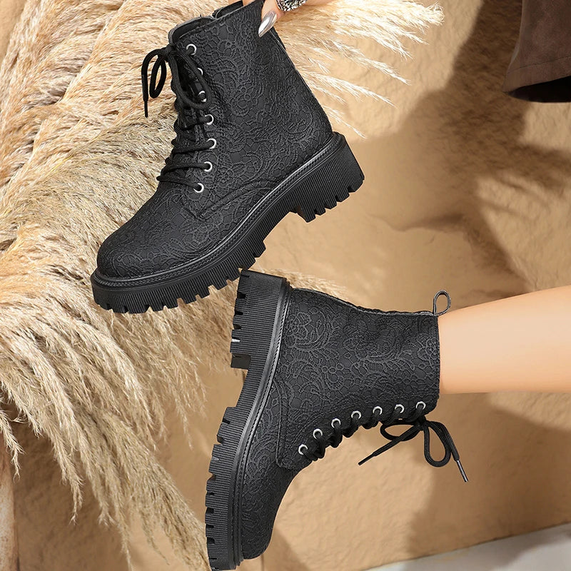 Flower Figure Thick Sole Short Boots Women Fashion Lace Up Platform Ankle Boots Woman 2025 Side Zipper Pu Leather Booties Mujer