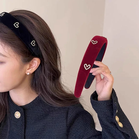Retro Flocking Wine Red Black Headband for Women Rhinestone Temperament Fashion Girl Hair Band Hair Accessories