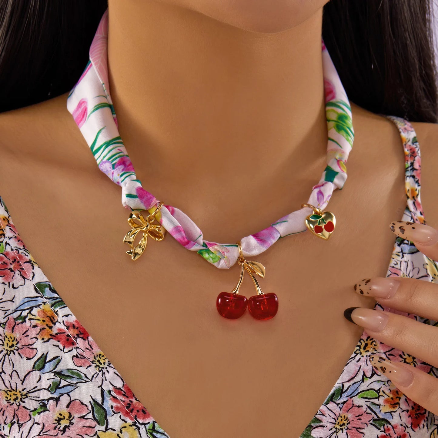 Sweet Cherry Strawberry Bow Heart Pendant Necklace Women's Colorful Ribbon Choker New Trend Neck Chain Jewelry Y2K Accessories