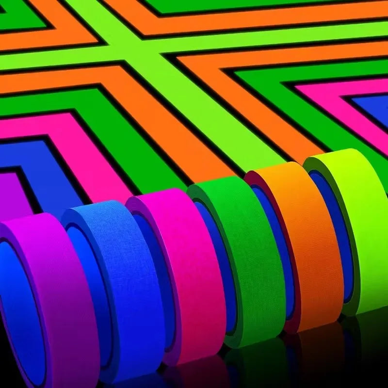 6roll Neon Cloth Tape - Self-Adhesive Fluorescent Neon Strips, Glow Under UV Light, for Black Light Parties & Night Glow Effects