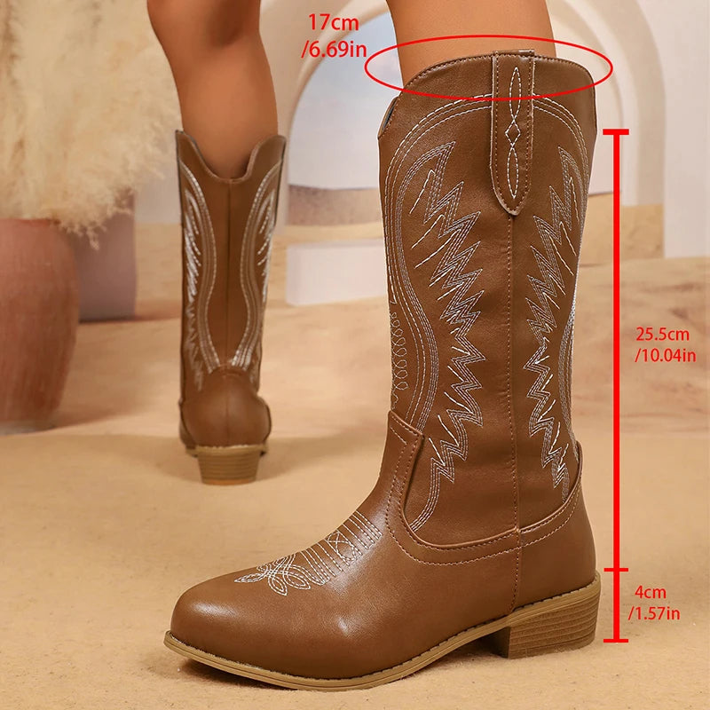 2025 Vintage Embroidery Western Boots Women Plus Size 36-43 Thick Heels Mid Calf Boots Woman Autumn Winter Slip On Cowgirl Botas