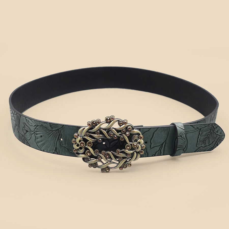 Deep Green Leaf Pattern Printed Women's Belt Vine Pattern Buckle Retro Casual Belt Jeans Dress Decoration