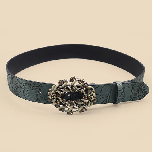 Deep Green Leaf Pattern Printed Women's Belt Vine Pattern Buckle Retro Casual Belt Jeans Dress Decoration