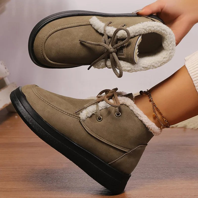Retro Fleece Thick Warm Ankle Boots Women Lace Up Platform Snow Boots Woman Winter Pu Leather Short Plush Booties Female