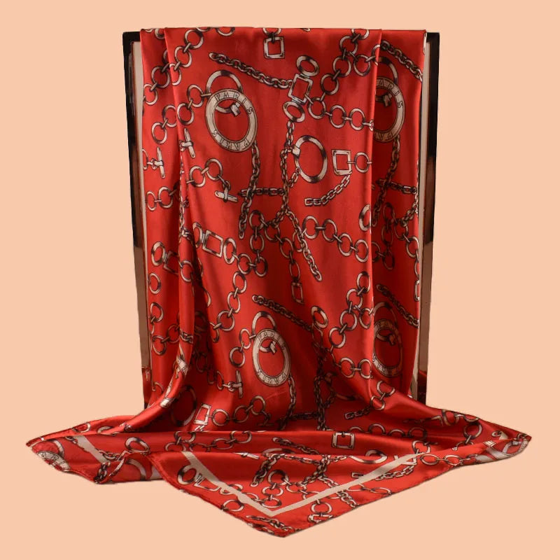 1PCS Ladies Multicolor Chain Pattern Tussah Silk Square Scarf Fashionable Wrap Headscarf for Travel Evening Party