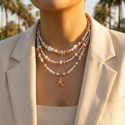 3Pcs/Set Vacation Starfish Faux Pearl Stone Necklace Summer Beach Ocean Theme Boho Choker Jewelry For Women
