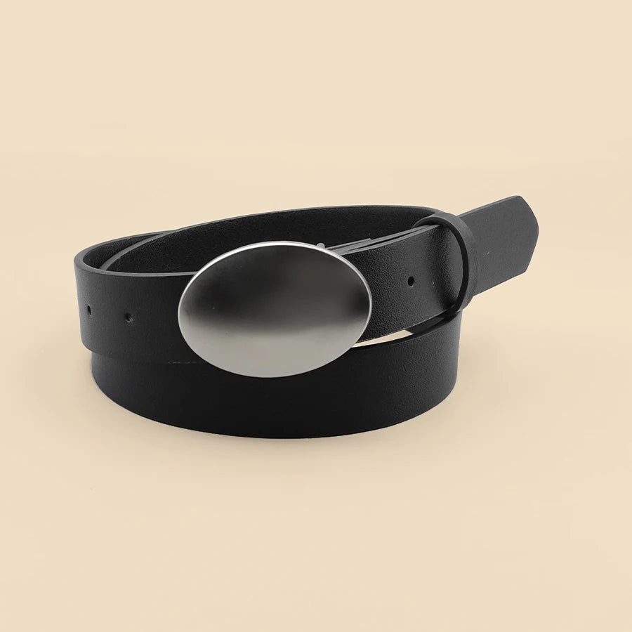 Oval Smooth Metal Buckle Belt, Black Casual Minimalist Belt, Classic Decorative Belt