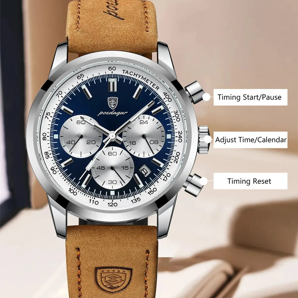 POEDAGAR Luxury Waterproof Chronograph Men' Silver Full Black Quartz Wristwatch