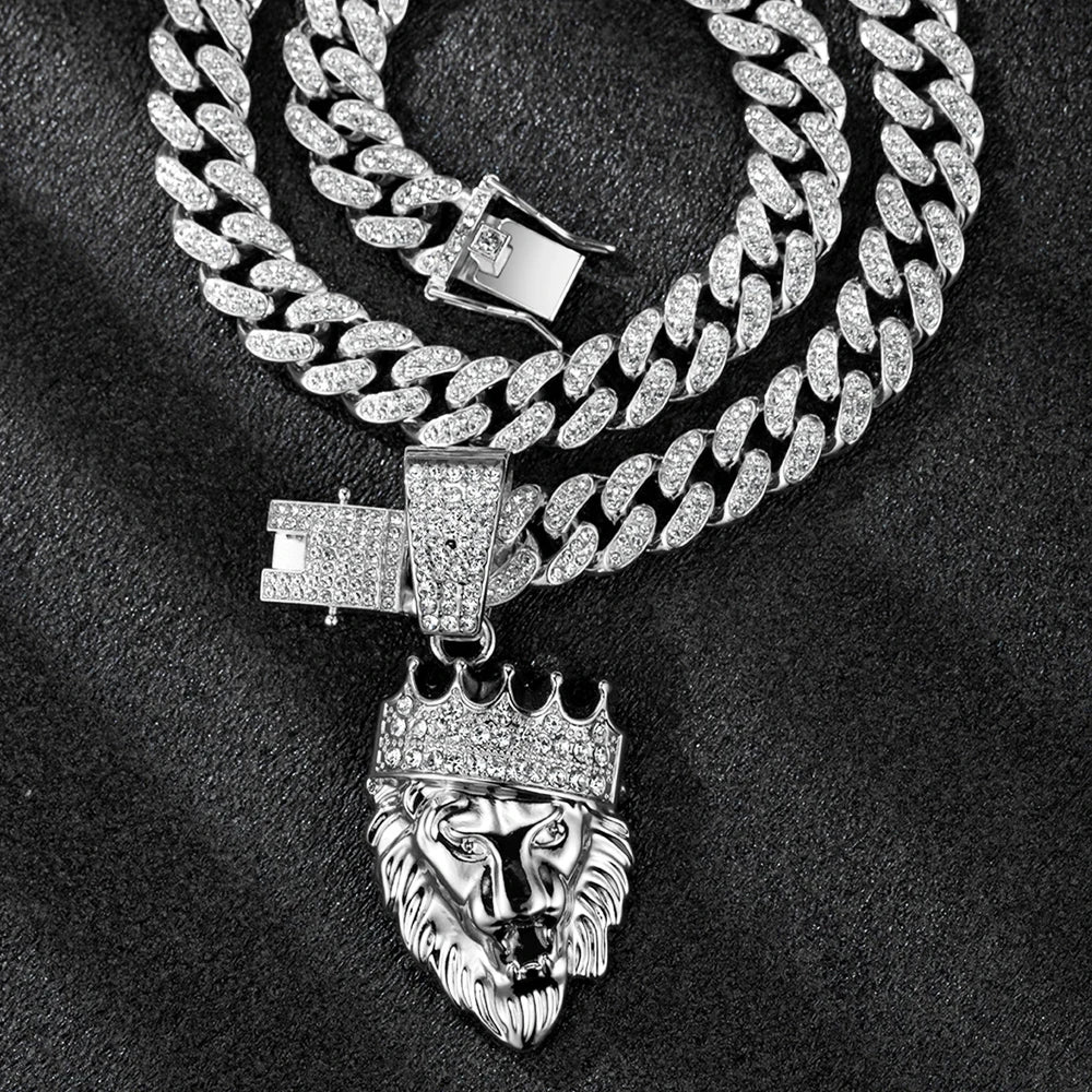 Men's Hip Hop 3D Crown Lion Head Pendant Necklace, with 13mm Cuban Chain  Animal Lion Head Rock Necklaces Fashion Punk Jewelry