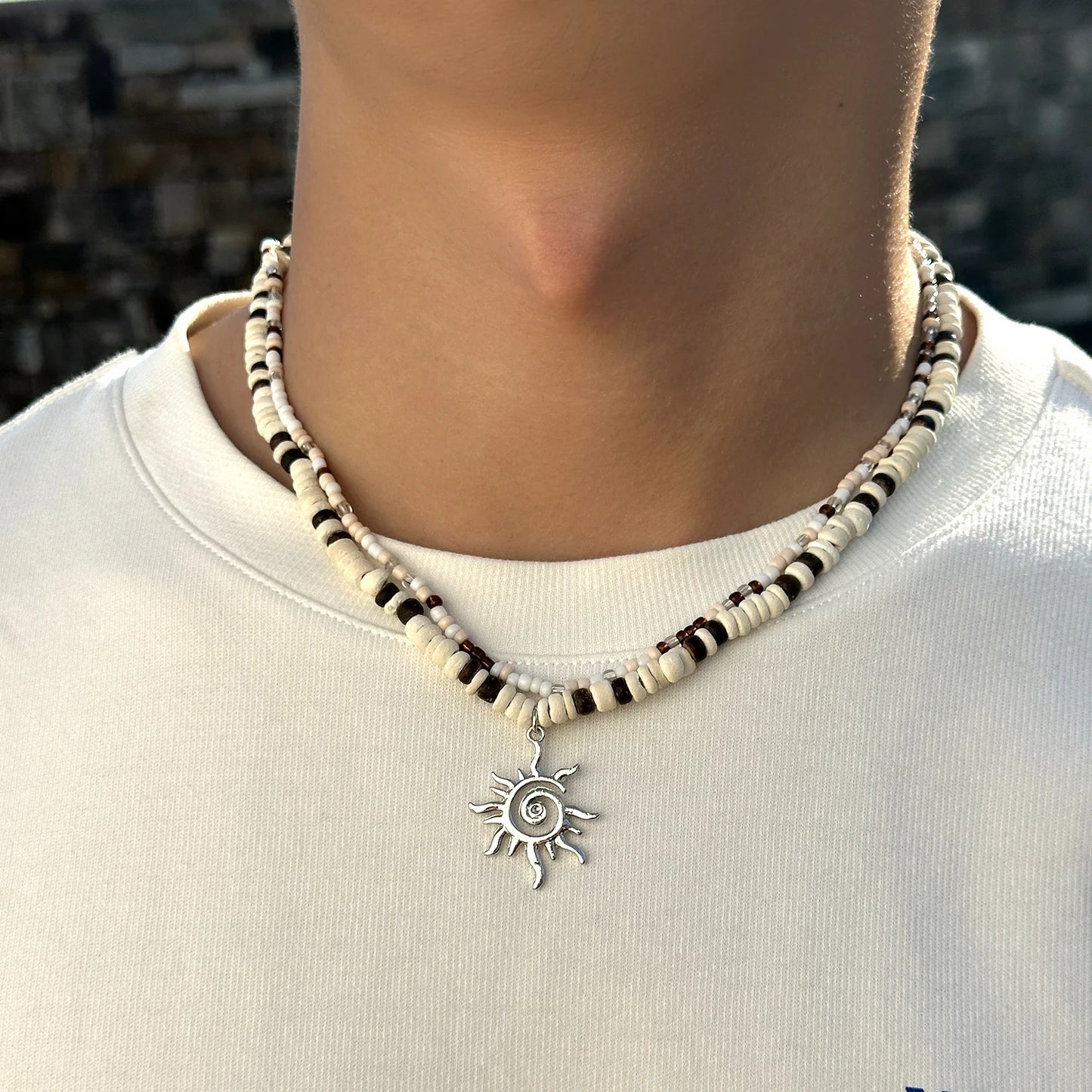 Vintage Chunky Spiral Sun Pendant Necklace for Women Men Boho Ethnic Sun Flower Multilayer Necklace Beach Vacation Jewelry Gift