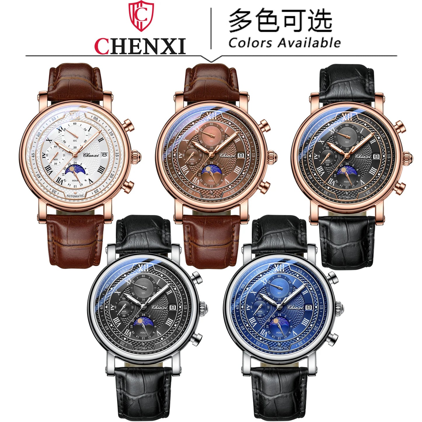 Chenxi Men's Leather Chronograph Phase of The Moon Luminous Quartz Watch Brown