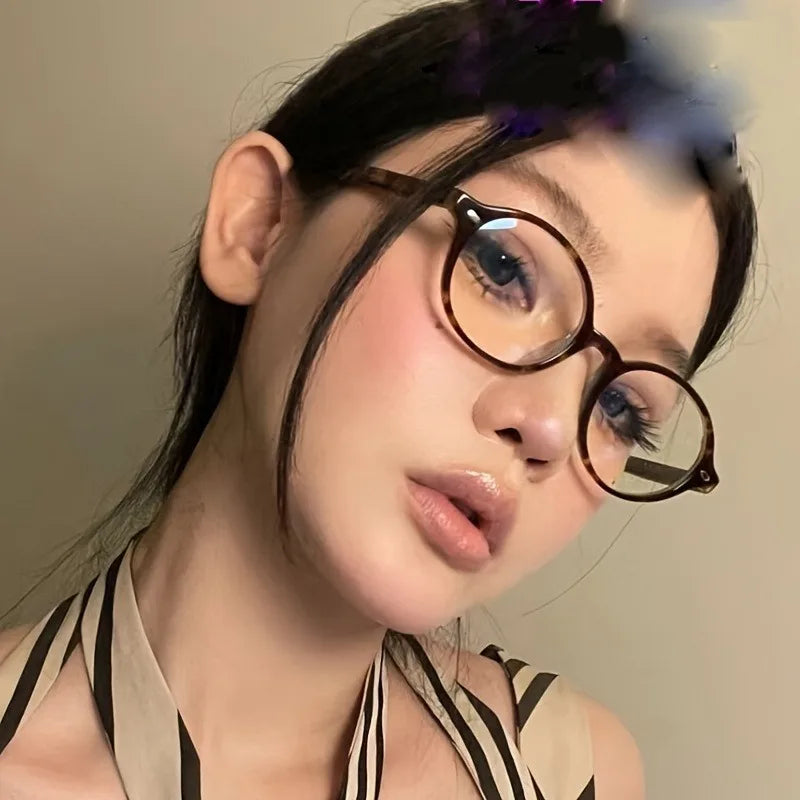 Chic Oval Anti-Blue Light Glasses for Women Retro Korean Style with Clear Lens