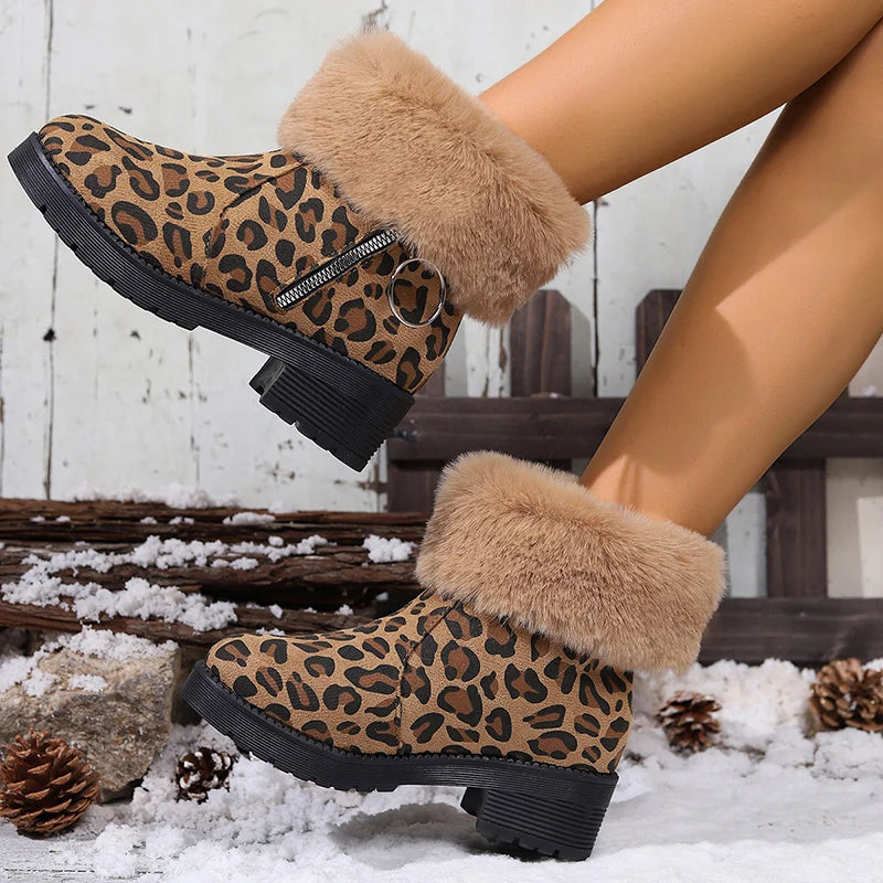 Fashion Leopard Print Faux Fur Ankle Boots Women Zipper Decor Thick Heels Winter Boots Woman Non Slip Warm Plush Short Booties