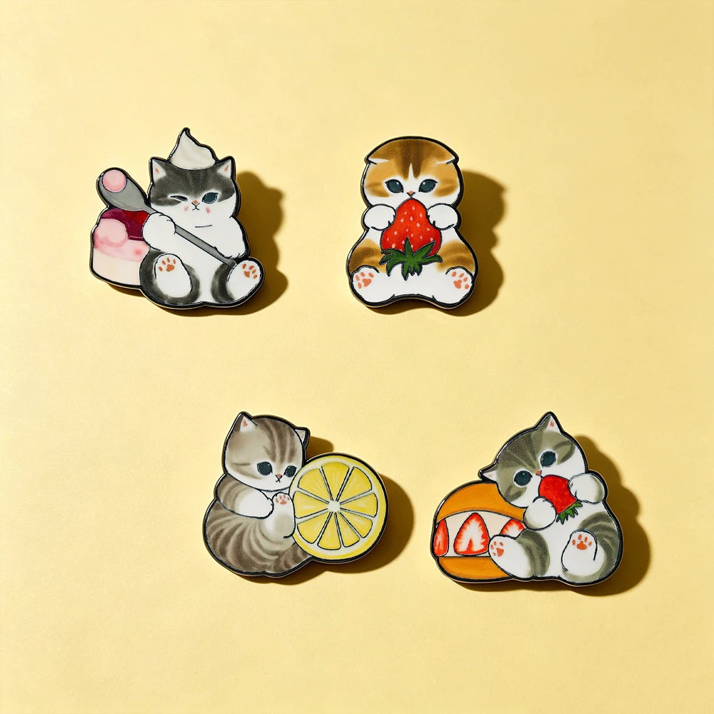 4 pcs Cat Fruit Enamel Pins  Lemon  Brooch Badge Cartoon Animal Jewelry Gift for Children Friends