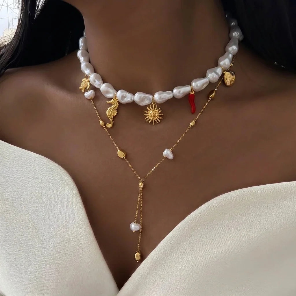 Simple Stylish Gold Tone Layered Necklace for Women Faux Pearl Seahorse Sun Pendants Necklace Fashion Summer Beach Jewelry Gift