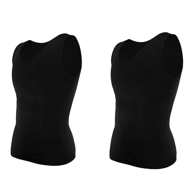 2PC Black Men Compression Shirt Tummy Control Slim Vest Waist Trainer Workout