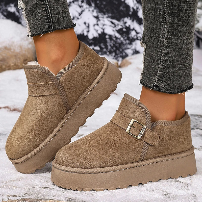Buckle Decor Thick Bottom Winter Ankle Boots Women 2025 Faux Suede Platform Snow Boots Woman Slip On Short Plush Cotton Shoes