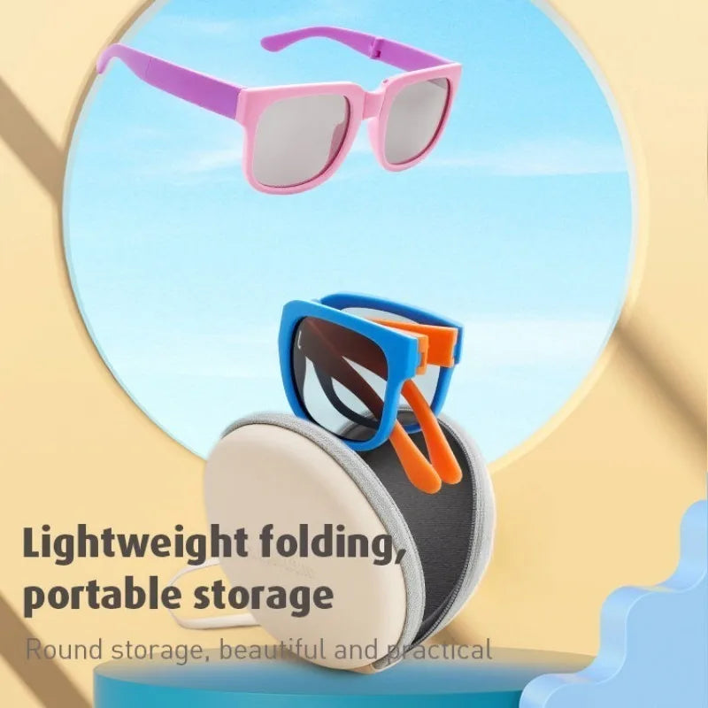 2PCS Candy Color  Sunglasses for Kids Folding Large Frame Sunglasses Children's Folding Glasses with Case