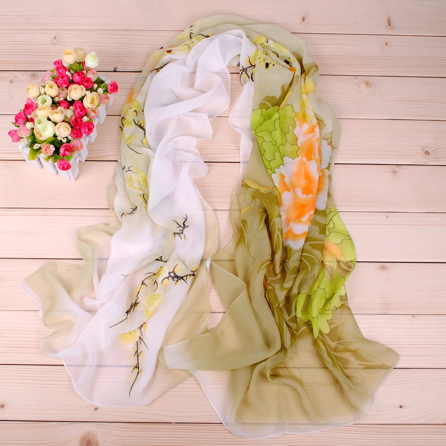 New Peony Flower Women's Printed Chiffon Long Scarves Wholesale Yiwu Autumn and Winter Scarves Small Scarves