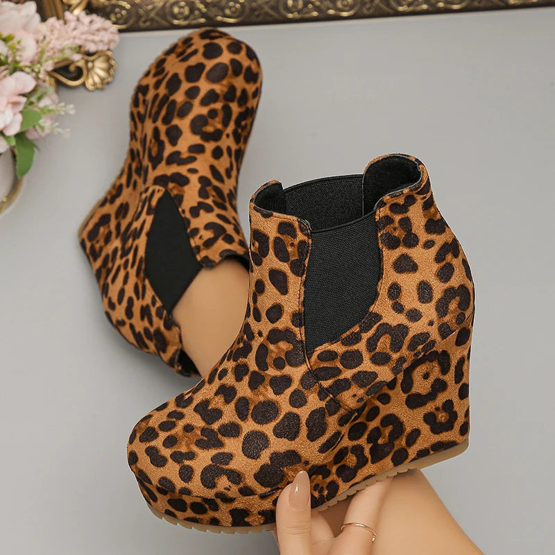 Leopard Print Chunky Wedges Ankle Boots Women Slip On Super High Heels Flock Boots Woman Plus Size 43 Platform Short Booties