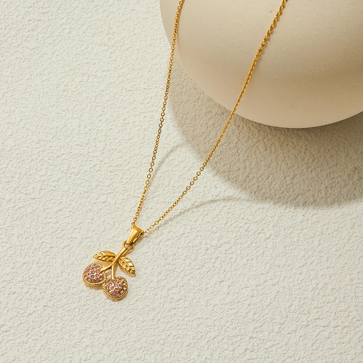 Uworld Minimalist 18K Gold Color Plated Stainless Steel Pink Zircon Cherry Pendant Necklace Chain Stackable Necklace Women's Acc