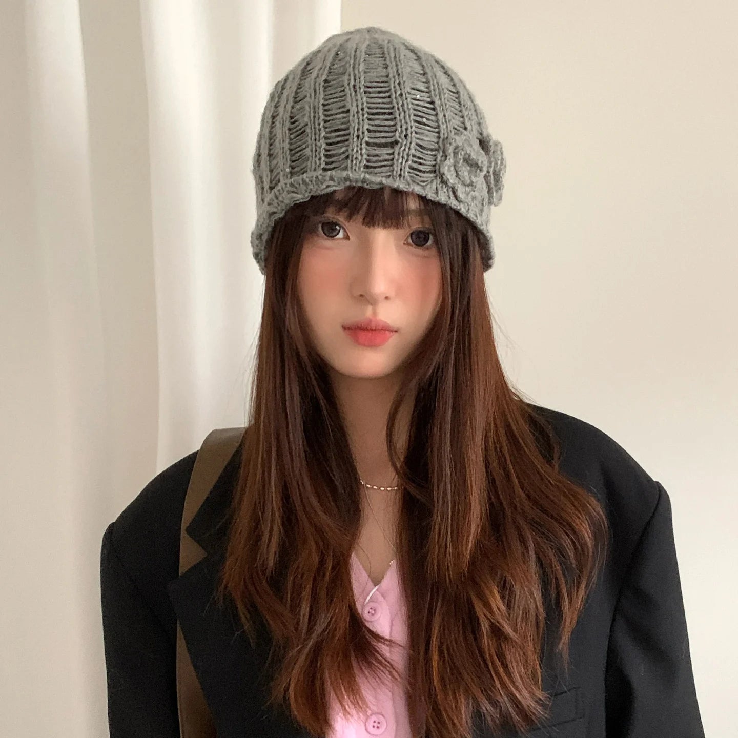 Retro Korean-Style Knitted Hat With Three-Dimensional Floral Cut-Outs Small-Scale Face-Flattering And Versatile For Summer