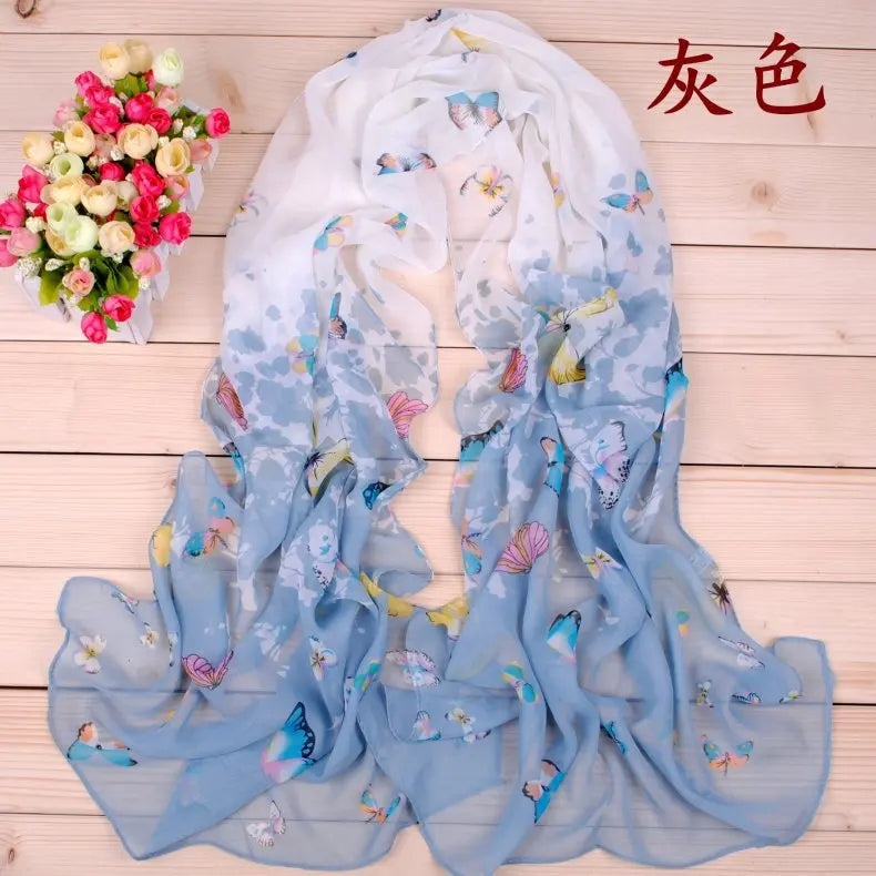 New Yiwu Colorful Little Butterfly Women's Printed Chiffon Long Scarves Wholesale Spring and Summer Printed Scarves
