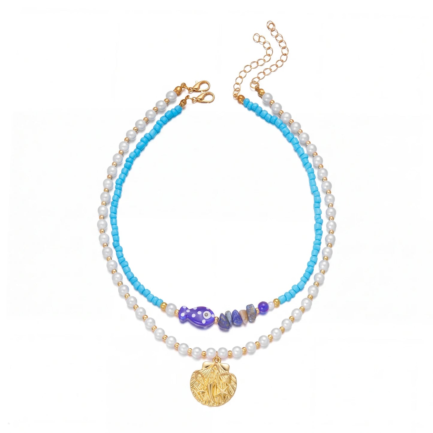 2Pcs/Set Vacation Fish Shell Stone Faux Pearl Beaded Necklace Summer Beach Boho Layered Choker Jewelry For Women