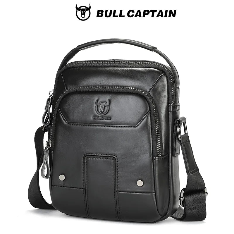 BULLCAPTIAN Men's Genuine Leather Shoulder Bag Multi functional Handheld Postman Bag Double layer 7.9-inch Computer Shoulder Bag