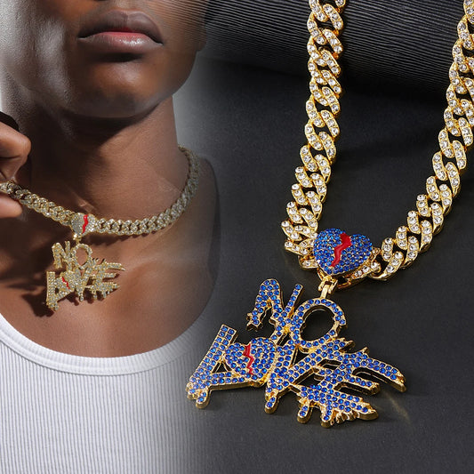 Hip Hop Iced Out Bling Crystal Cuban Chains NO LOVE Necklace Pendants For Men and Women Heart Broke Statement Necklaces Jewelry