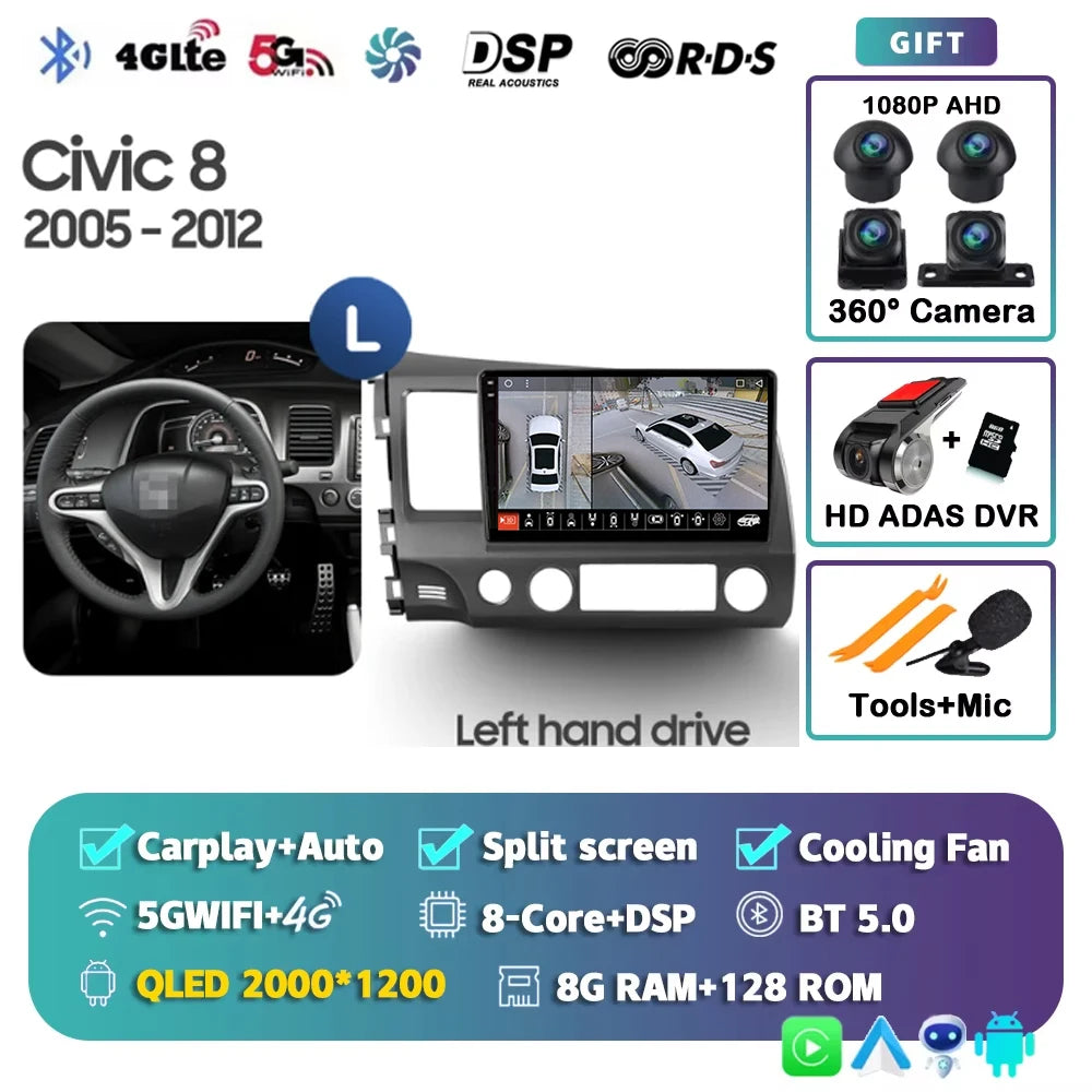 For Honda Civic 8 2005 - 2012 Android 15 Carplay Auto 4G WIFI Car Radio Multimedia Stereo Video Player GPS Navigation Plug and P