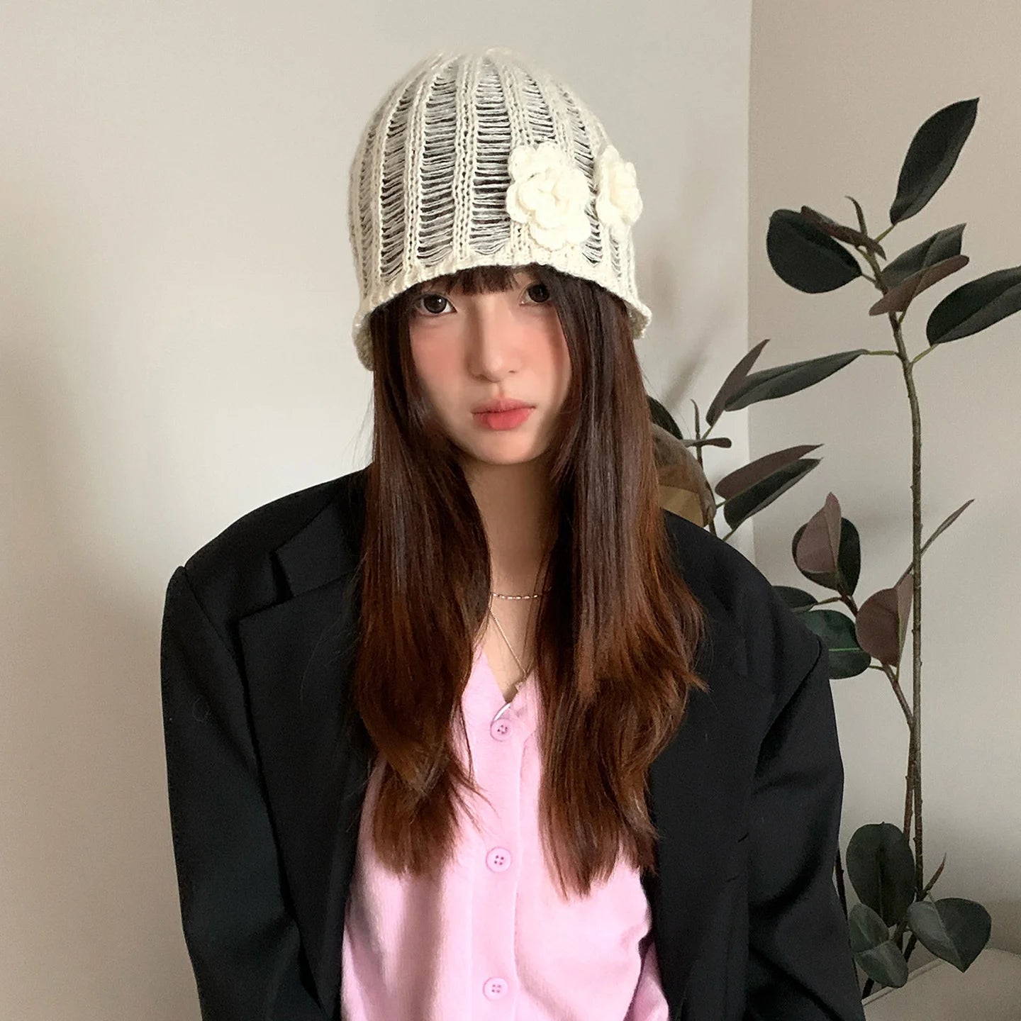Retro Korean-Style Knitted Hat With Three-Dimensional Floral Cut-Outs Small-Scale Face-Flattering And Versatile For Summer