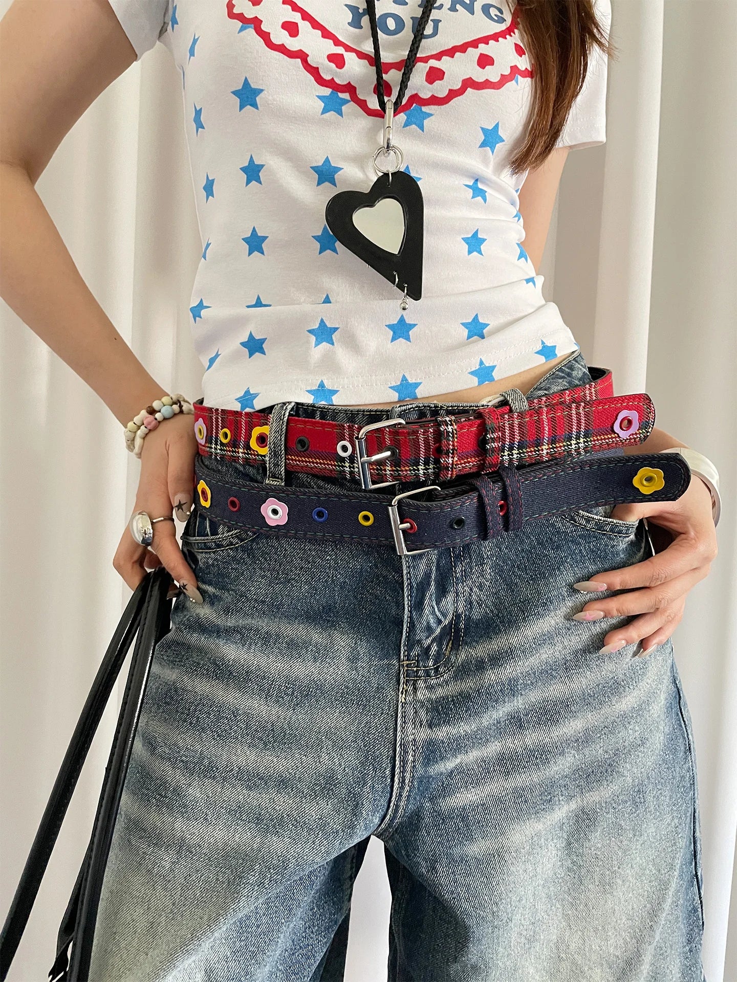 Y2k Dopamine Floral Red Plaid Waist Belt For Women Summer 2025 New Sweet Cool Hot Girl Denim Blue Belt