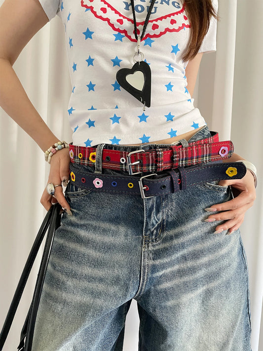 Y2k Dopamine Floral Red Plaid Waist Belt For Women Summer 2025 New Sweet Cool Hot Girl Denim Blue Belt