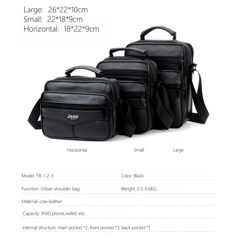 JEEP BULUO Men shoulder bag leather black business casual larg Crossbody Handbag