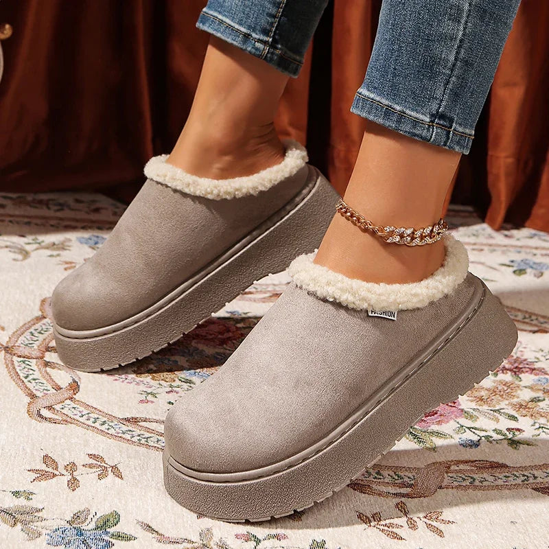 2025 New Faux Suede Fur Slippers Women Winter Slip On Non Slip Thick Sole Snow Boots Woman Warm Thicken Plush Cotton Shoes 36-41