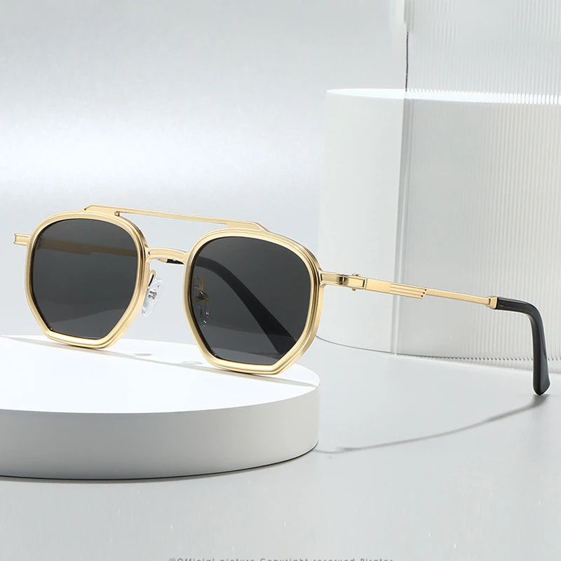 JNPCXI New Retro Double Bridges Men Polygon Small Square Sunglasses Fashion Clear Ocean Gradient Lens Eyewear Women Metal Frame