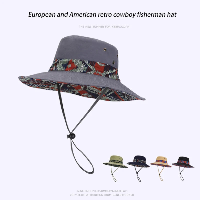 9275-New spring and summer men's and women's wide-brimmedfishermanhatswithethnicstylesuitableforoutdooractivitiessuchahiking