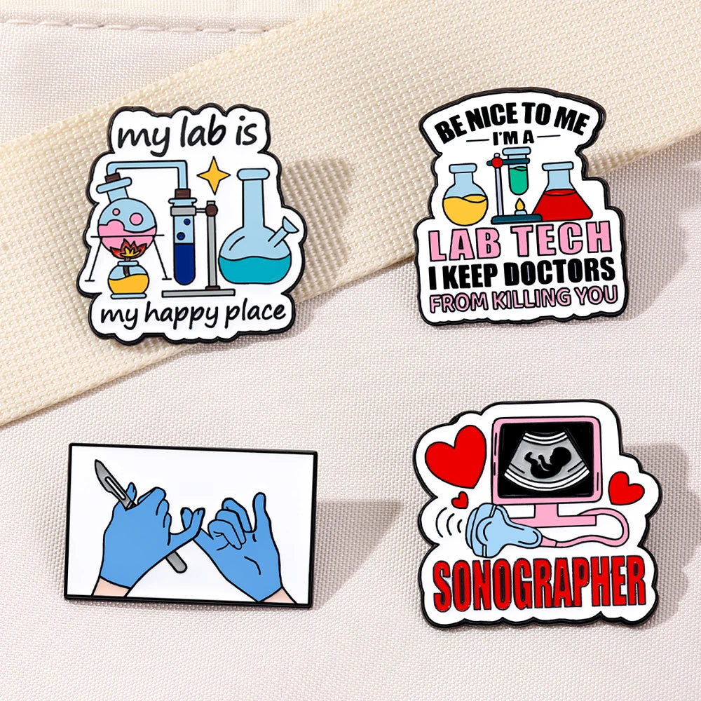 4pcs My Lab Is My Happy Place Sonographer Medical Badge Enamel Pins Pharmacist Jewelry Gift for Doctors Student School Survivor