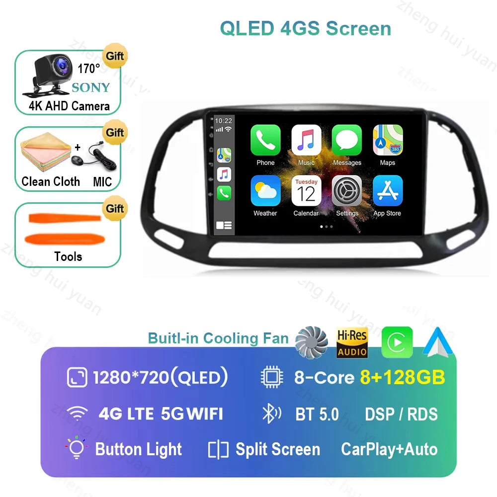 For Fiat Doblo 2015 - 2018 2019 2020 Android 16 GPS WIFI 4G Carplay&Auto Car Radio Navigation QLED Multimedia Stereo Player BT