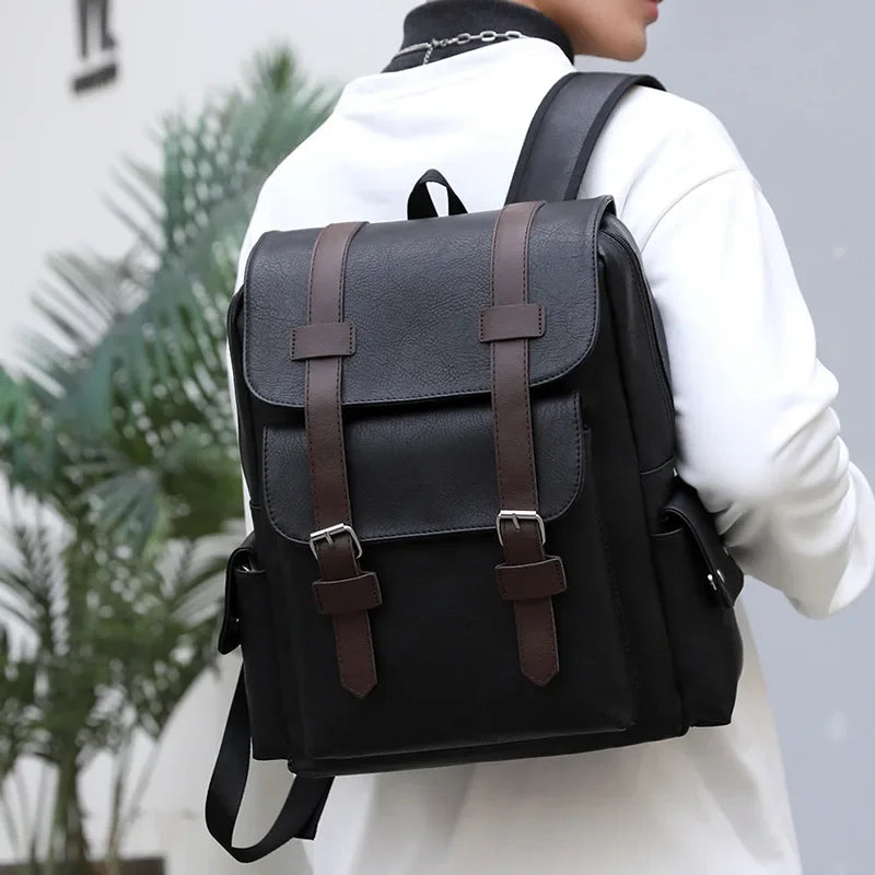 Leather Shoulder Backpack Waterproof Men Retro Casual Business Laptop Bags