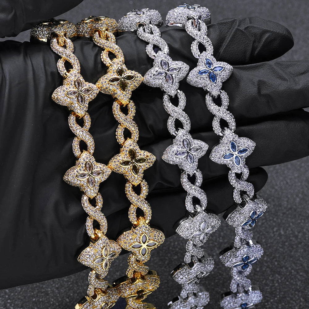 Iced Out Colorful Diamond Cuban Necklace Hip Hop 8mm Infinite Flower Cuban Chain