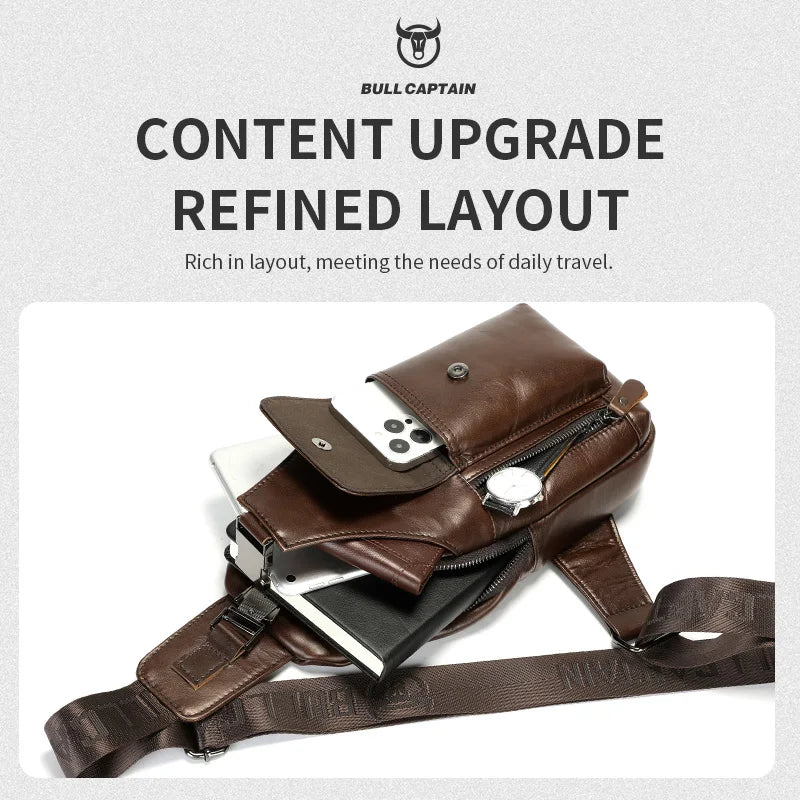 BULLCAPTAIN Men's Leather Breast Bag Fashion Casual Multifunctional Off-Road Crossbody Bag Business Tablet Mobile Leather Bag