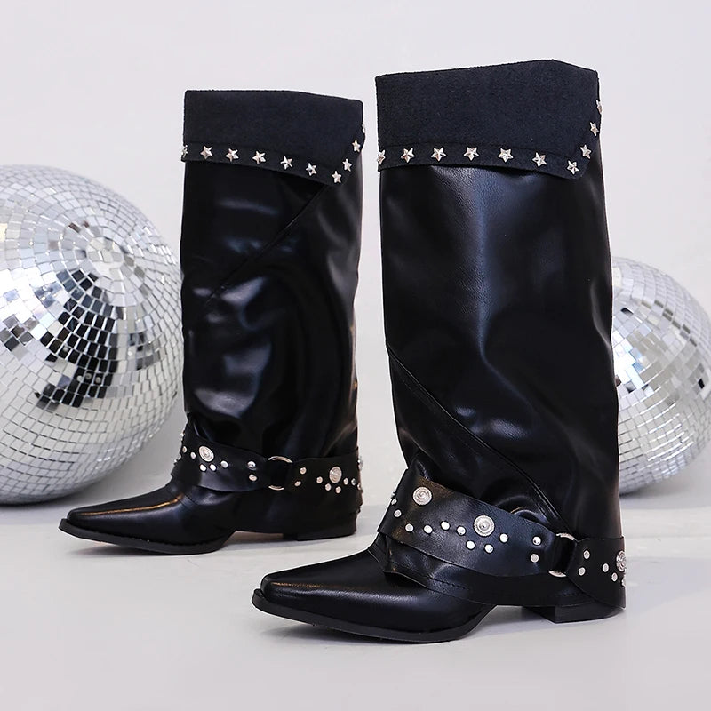 Designer Rivets Pointed Toe Knee High Boots Women Fashion Wide Calf High Heel Shark Boots Woman Plus Size 42 Pu Leather Botas
