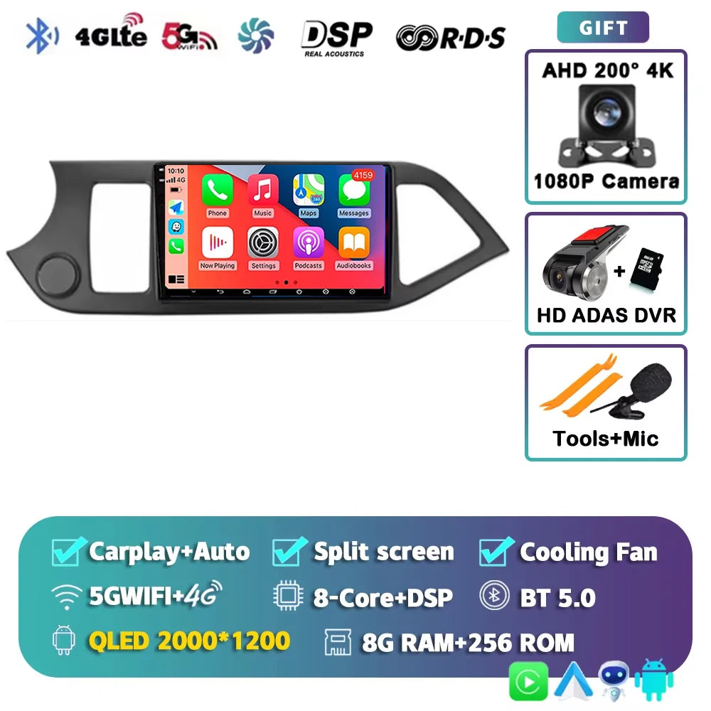 For KIA PICANTO Morning 2011 2012 - 2017 2K 12+256 QLED Android 15 CarPlay Car Radio Multimedia Video Player GPS stereo Head DSP