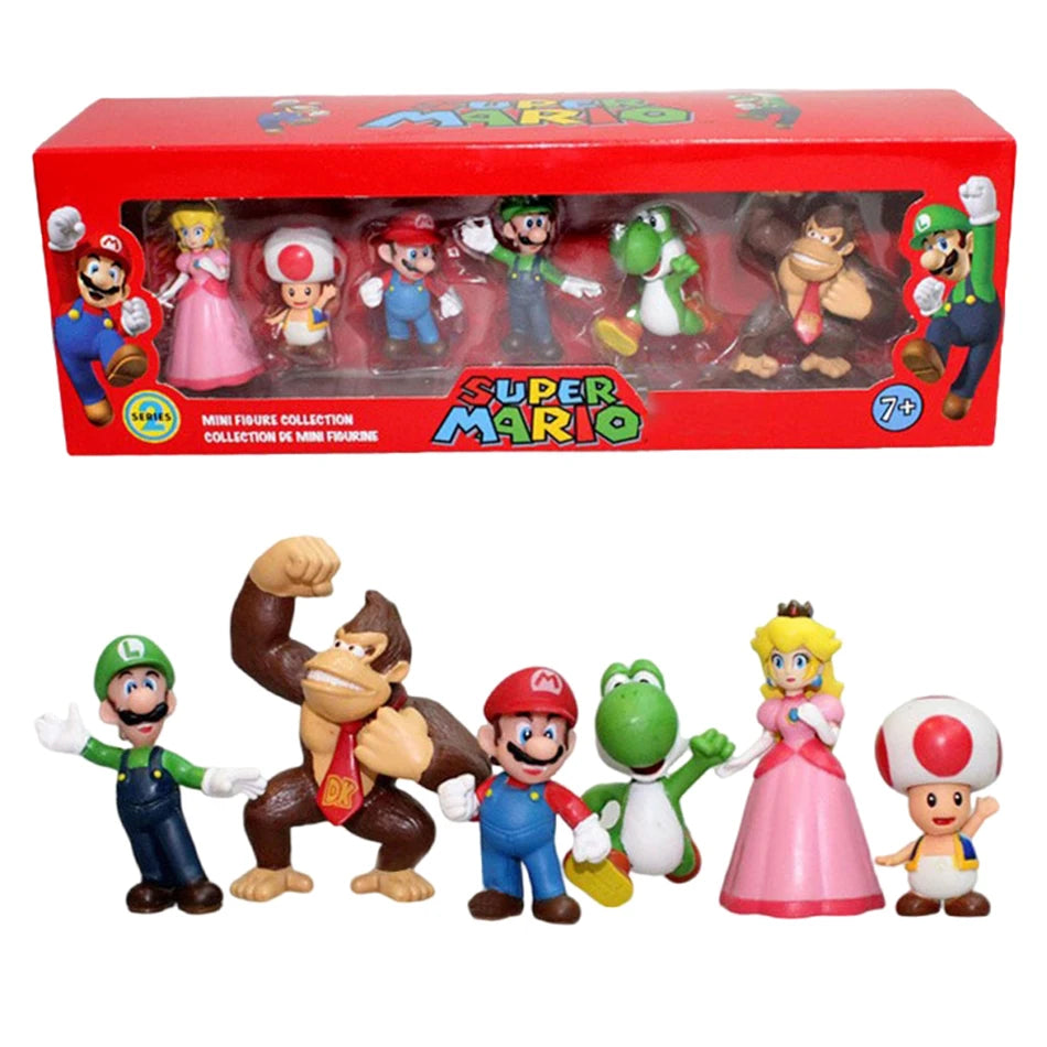 6Pcs Super Mario Bros PVC Action Figures Set Luigi Yoshi Donkey Kong Mushroom